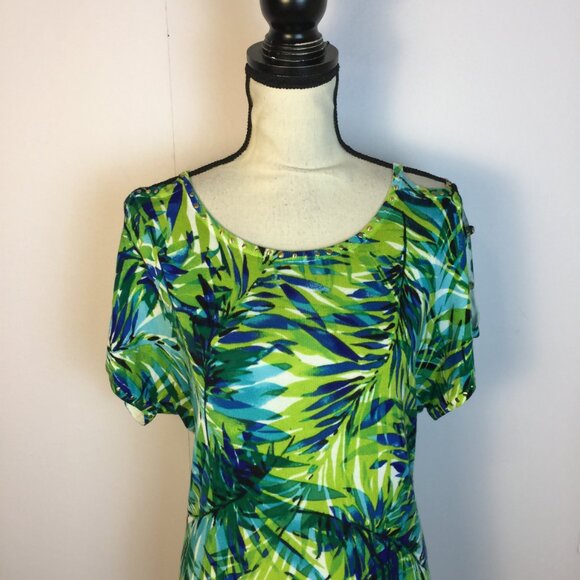 Cache Knit Top Sweater Sz XS Womans Green Blue Floral Knit Studded Short Sleeve - Picture 11 of 13